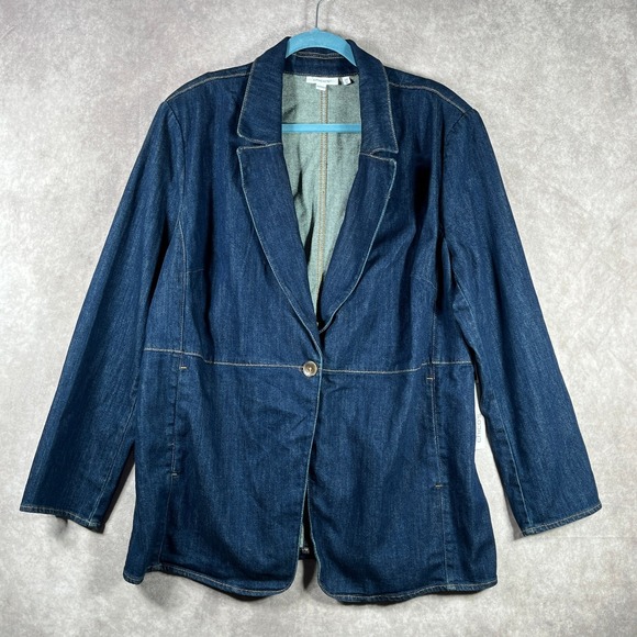 Chico's Blazer Jacket Women 3.5 US 18 Indigo Blue Denim One Button Chore Utility - Picture 1 of 10